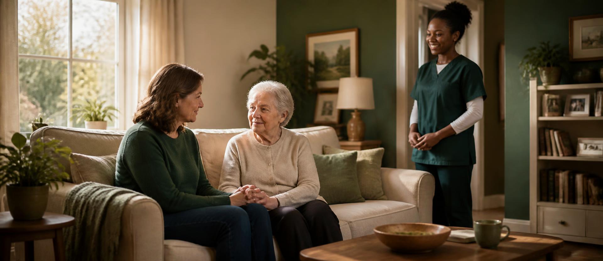 A caregiver warmly holding an older adult's hand in a sunlit room